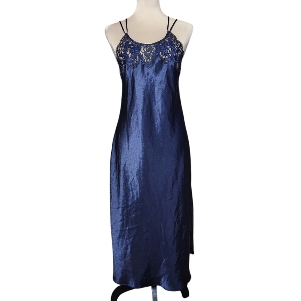 Vintage Josie Natori Navy Blue Lace Satin Slip Dress Dramatic Back Coquette